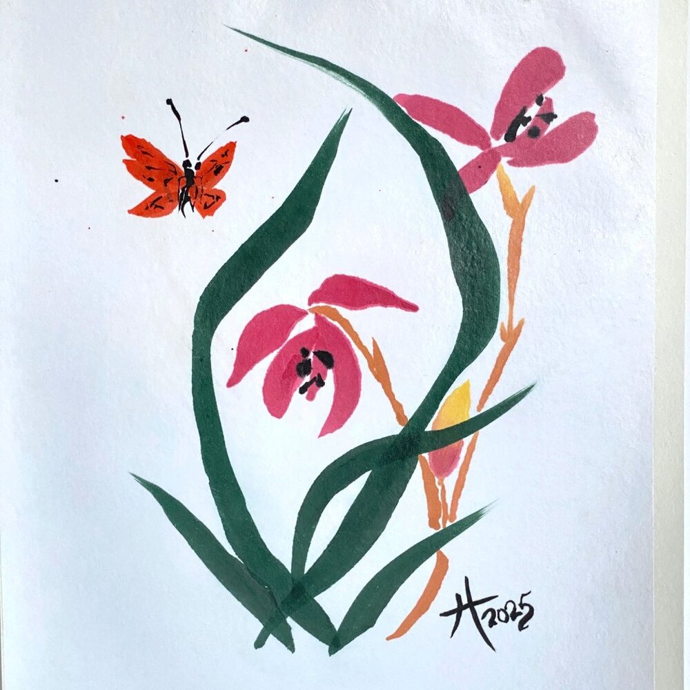 Orchids and Butterfly Original Watercolor Wall Art 11x14in Matted Frame Ready